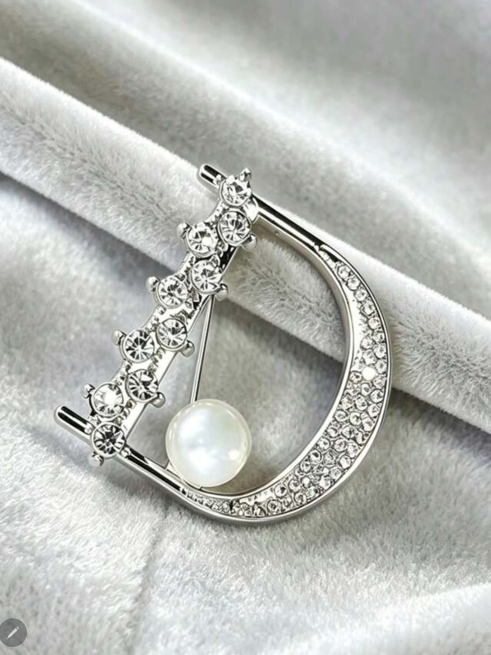 D Silver-Tone Crescent Brooch with Pearl & Clear Crystals